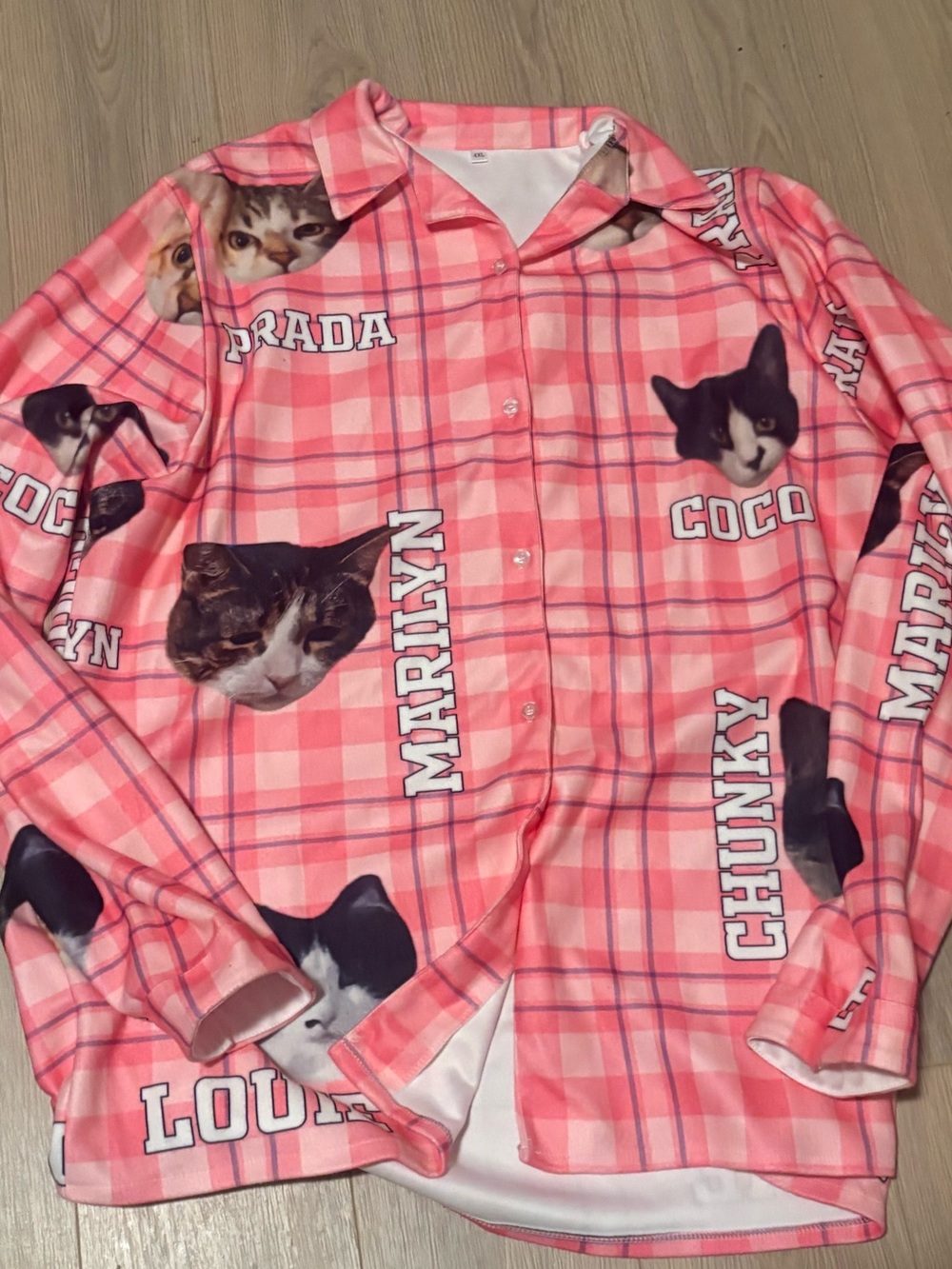 Pink Plaid Cat Print Button-Up Shirt